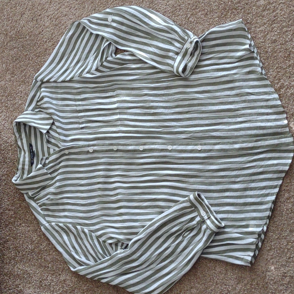 Zac & Rachel 1X Green and White Striped Button Up Sheer Blouse